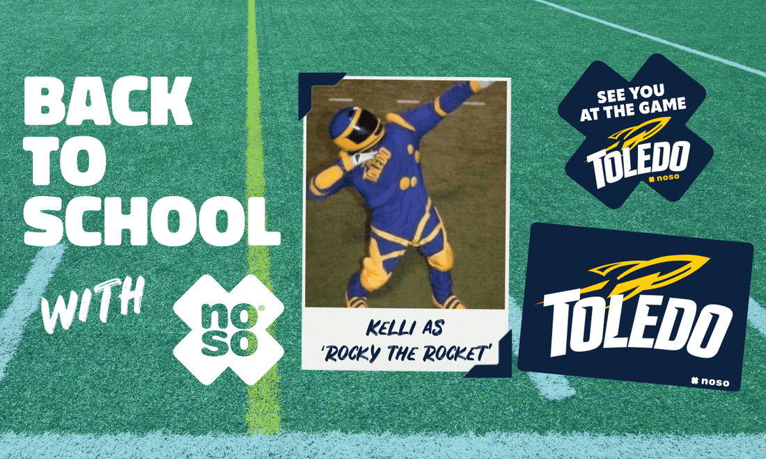 Back to School with NoSo. This images features a collage including a college photo of Kelli as the University of Toledo mascot Rocket, and a couple of patches for Uni of Toledo is dark blue